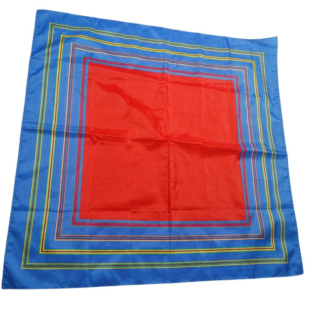 Square Scarf Vintage Primary Colors Striped Border Design Blue Red 26 by 26 Inch